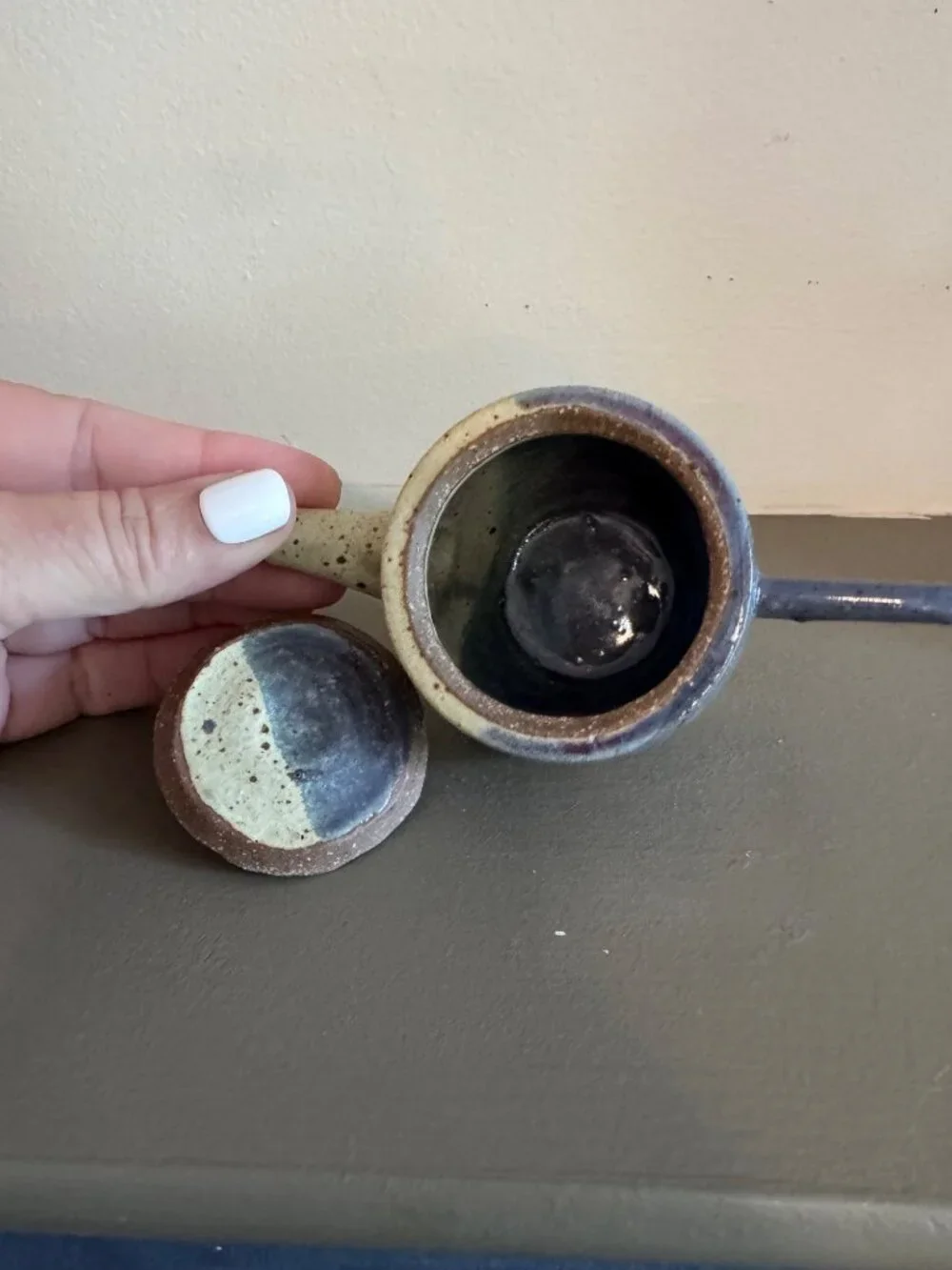 Handcrafted Ceramic Mini Teapot Earthy Blue Beige Unique Triangular Handle Potte